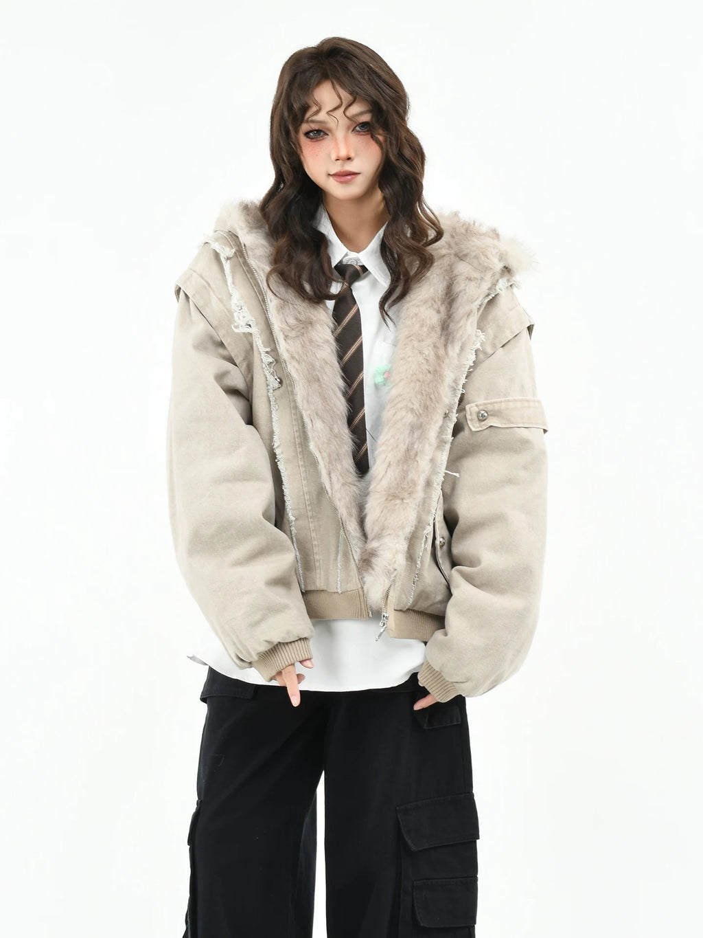 OV Original American Deconstructed Edge Splicing Used Cotton Jacket for Women Winter Seat Mountain Carving Loose Hooded Cotton Jacket for Men