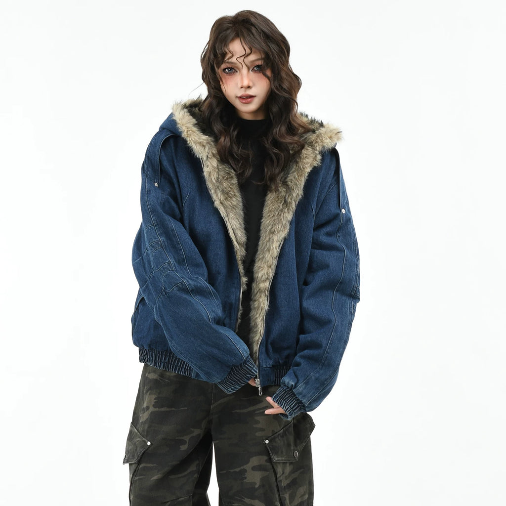 OV original American retro silhouette washed denim cotton jacket for women, winter seat mountain carving thick hooded cotton jacket for men