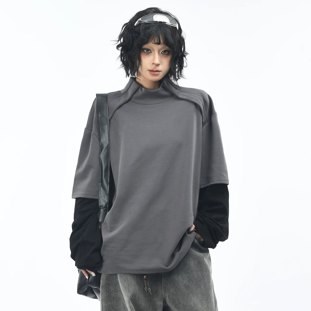 OV original/American retro fake two-piece spliced long sleeved T-shirt for men and women in autumn, loose half neck base shirt top