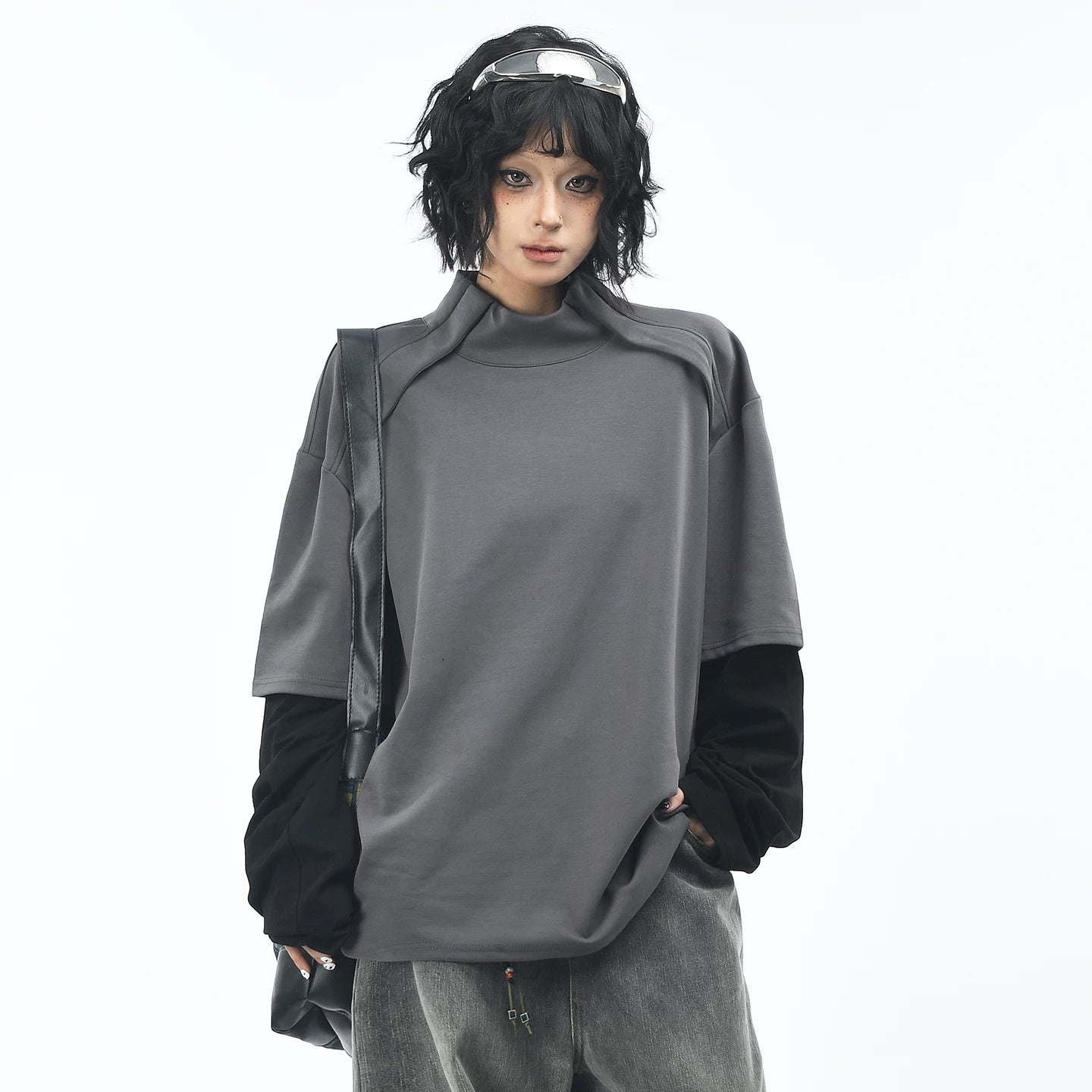 OV original/American retro fake two-piece spliced long sleeved T-shirt for men and women in autumn, loose half neck base shirt top