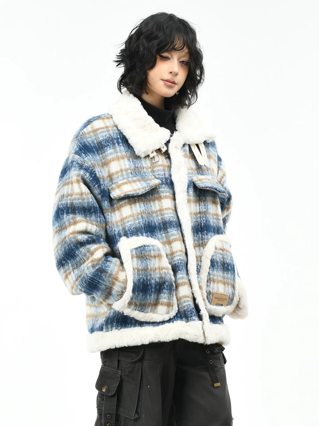 OV Original American Retro Checkered Lamb Fleece Collar Coat for Women in Winter, Loose and Warm, Cotton Jacket with Velvet, Cotton Jacket for Men