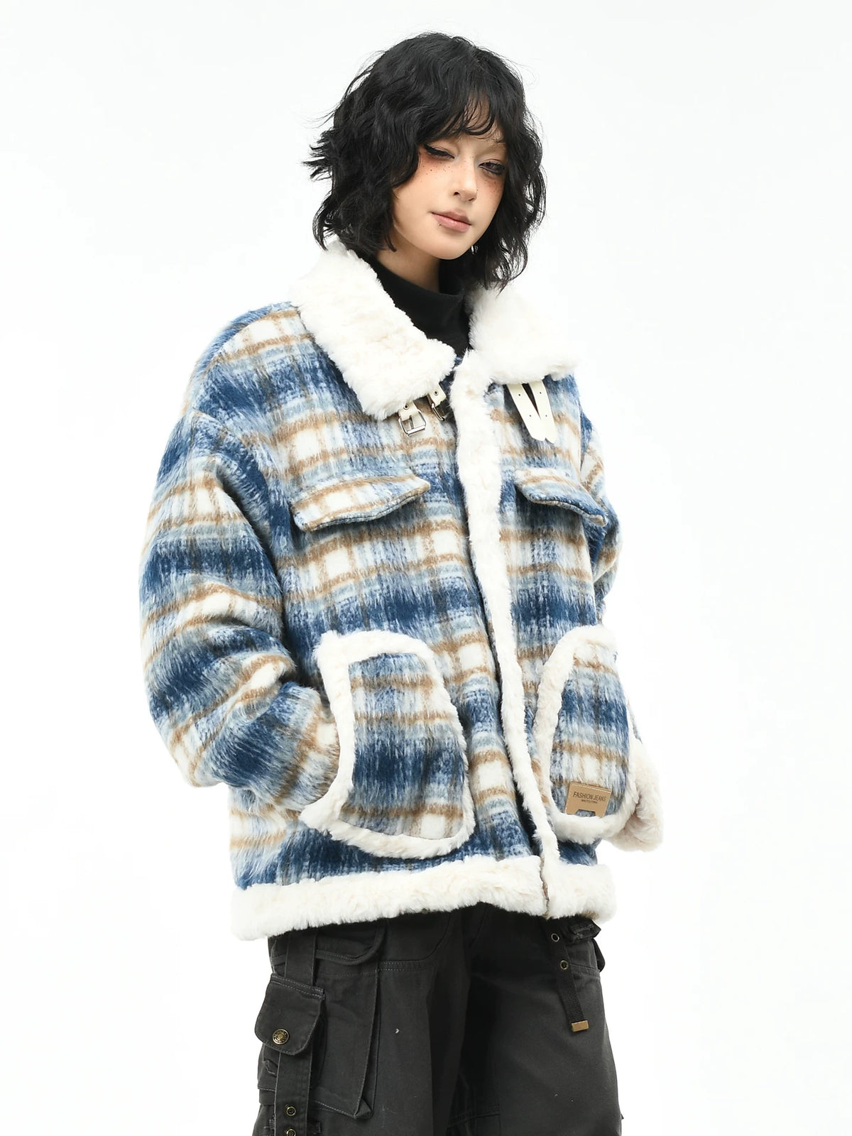OV Original American Retro Checkered Lamb Fleece Collar Coat for Women in Winter, Loose and Warm, Cotton Jacket with Velvet, Cotton Jacket for Men