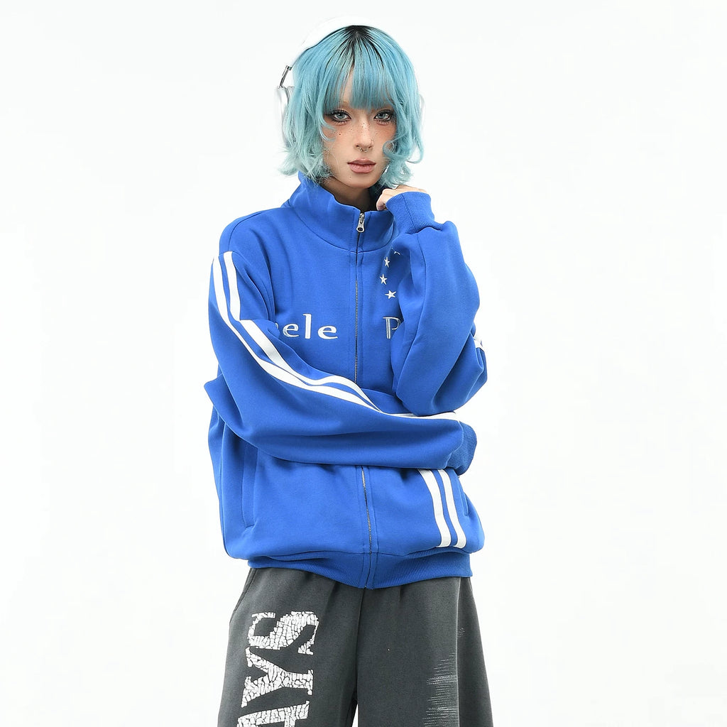 OV original American sport double striped embroidered short jacket for men and women, autumn loose zipper cardigan, casual jacket
