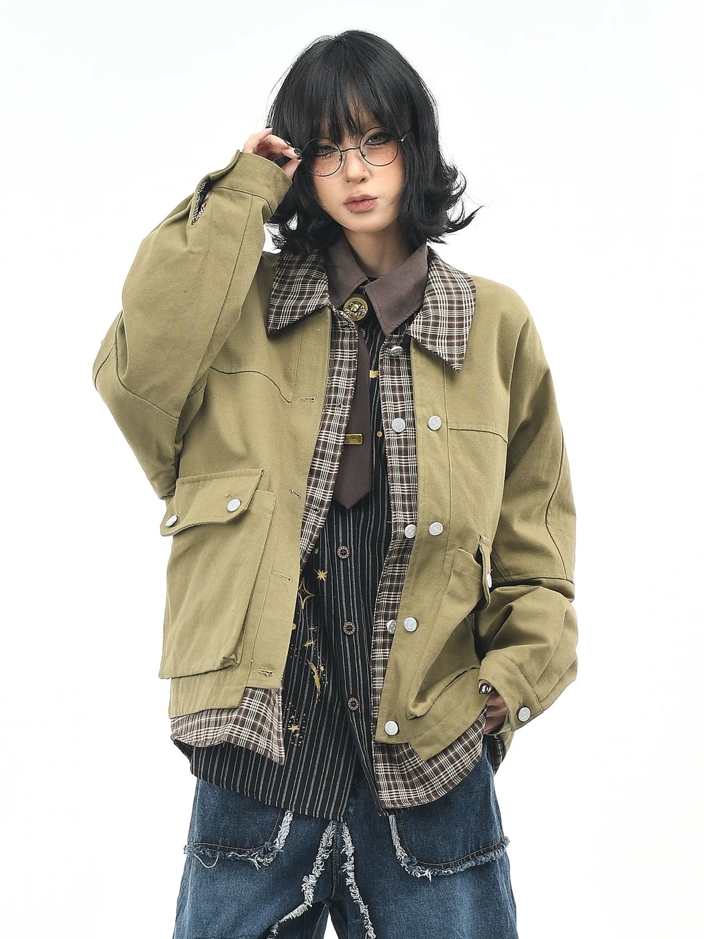 OV original American retro checkered patchwork fake two-piece workwear jacket for women, autumn casual loose collar jacket for men