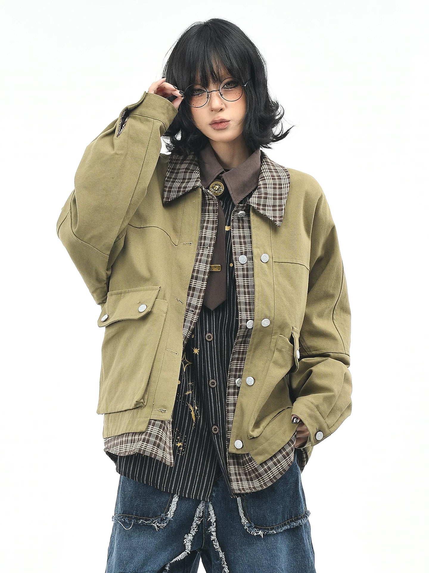 OV original American retro checkered patchwork fake two-piece workwear jacket for women, autumn casual loose collar jacket for men