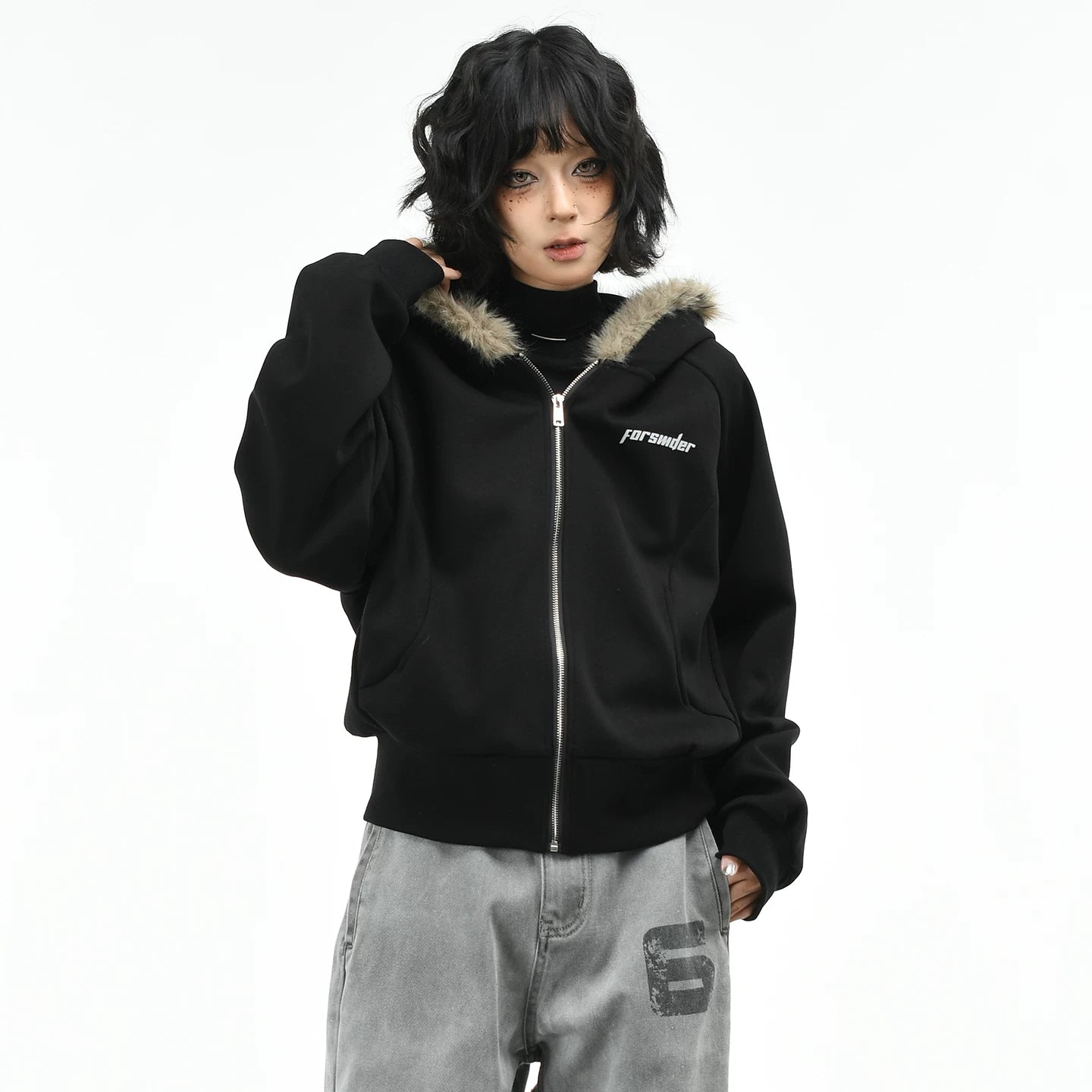 OV original American retro fur collar design zipper jacket women's autumn loose casual short cardigan hooded sweatshirt