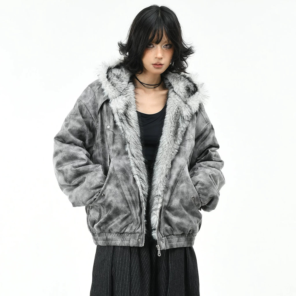 OV original American tie dye mountain carving hooded cotton jacket for women in winter retro loose couple warm cotton clothes trend