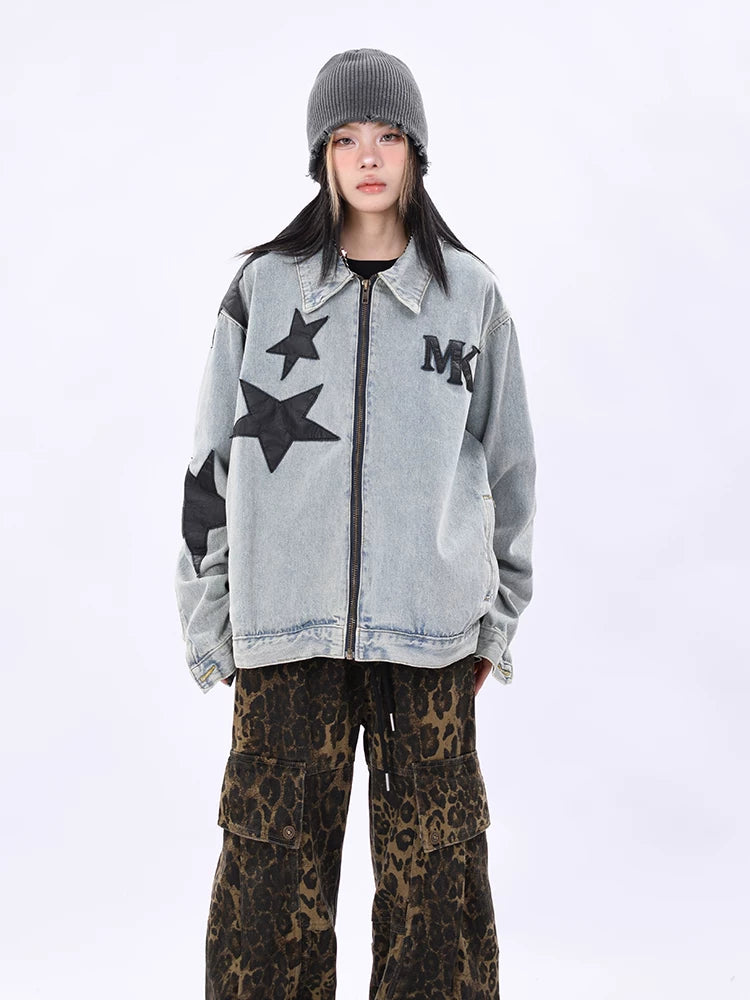 OV Original Spring and Autumn High Street Retro Star Patch Embroidered Vintage Washed Cowboy Jacket Men's and Women's Loose Jacket Trendy
