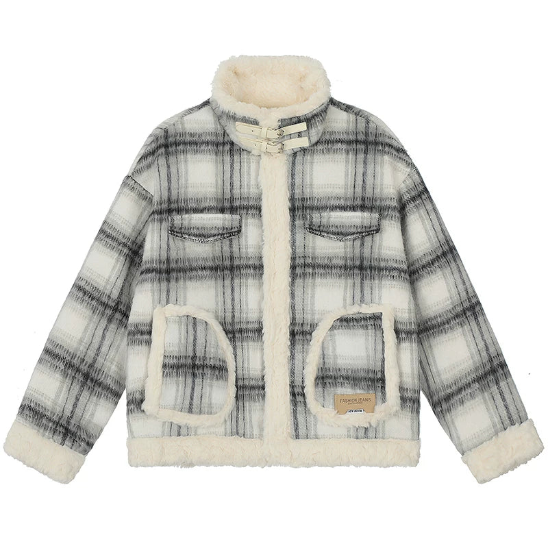 OV Original American Retro Checkered Lamb Fleece Collar Coat for Women in Winter, Loose and Warm, Cotton Jacket with Velvet, Cotton Jacket for Men