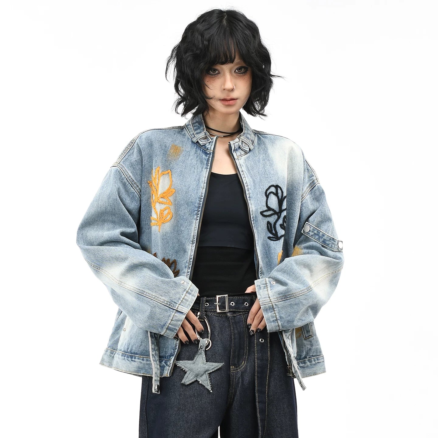 OV原创美式复古花卉刺绣水洗牛仔外套男女秋季街头宽松翻领夹克潮