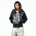 OV original subculture character print vintage hooded sweatshirt for women in autumn, loose short style, waist cinched cardigan jacket trend