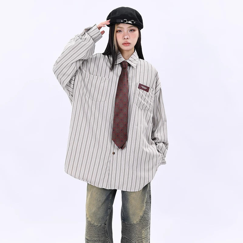 OV Original Spring and Autumn High Street Retro Vertical Stripe Long Sleeve Shirt for Men and Women BF Loose Couple Hong Kong Style Flip Collar Shirt Trendy