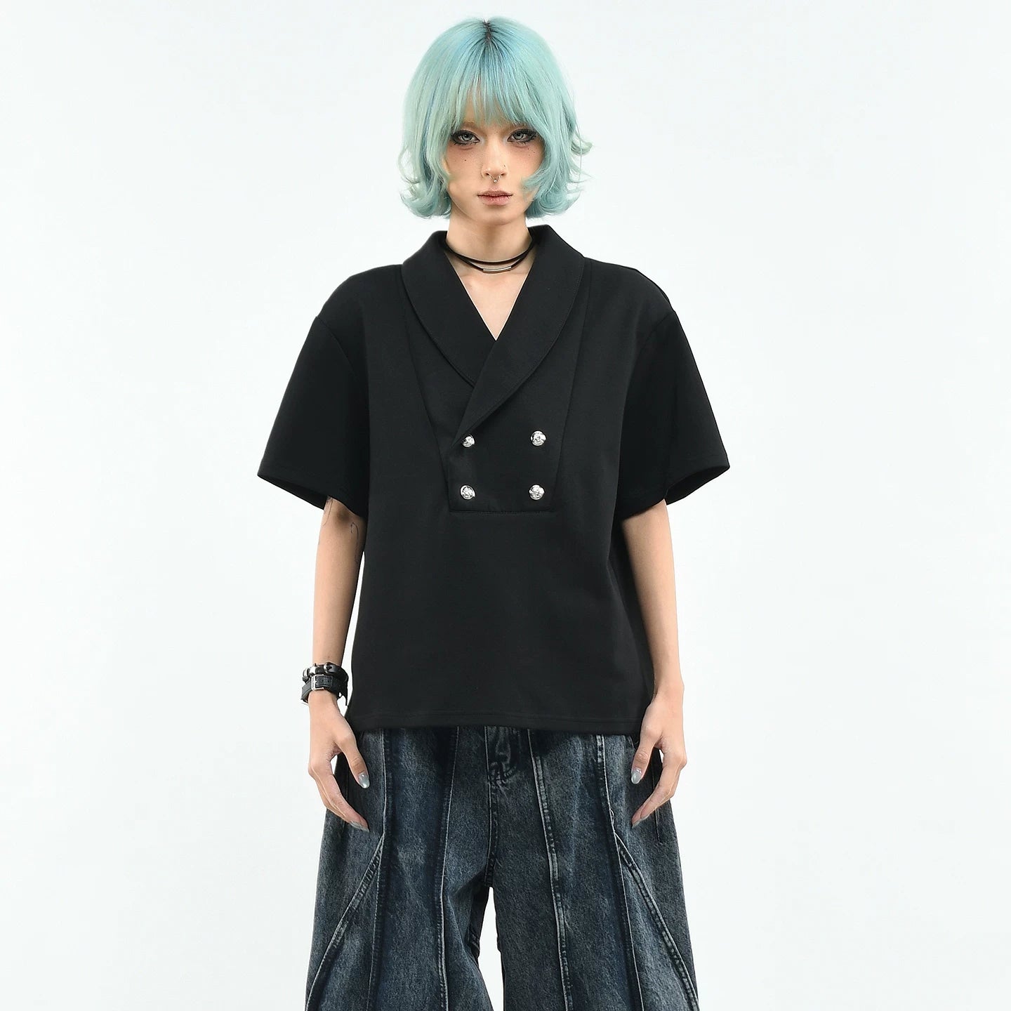 OV Original/Double breasted suit collar, shoulder pads, lapel collar, short sleeved women's summer loose and luxurious feeling, old money style T-shirt, men's trend