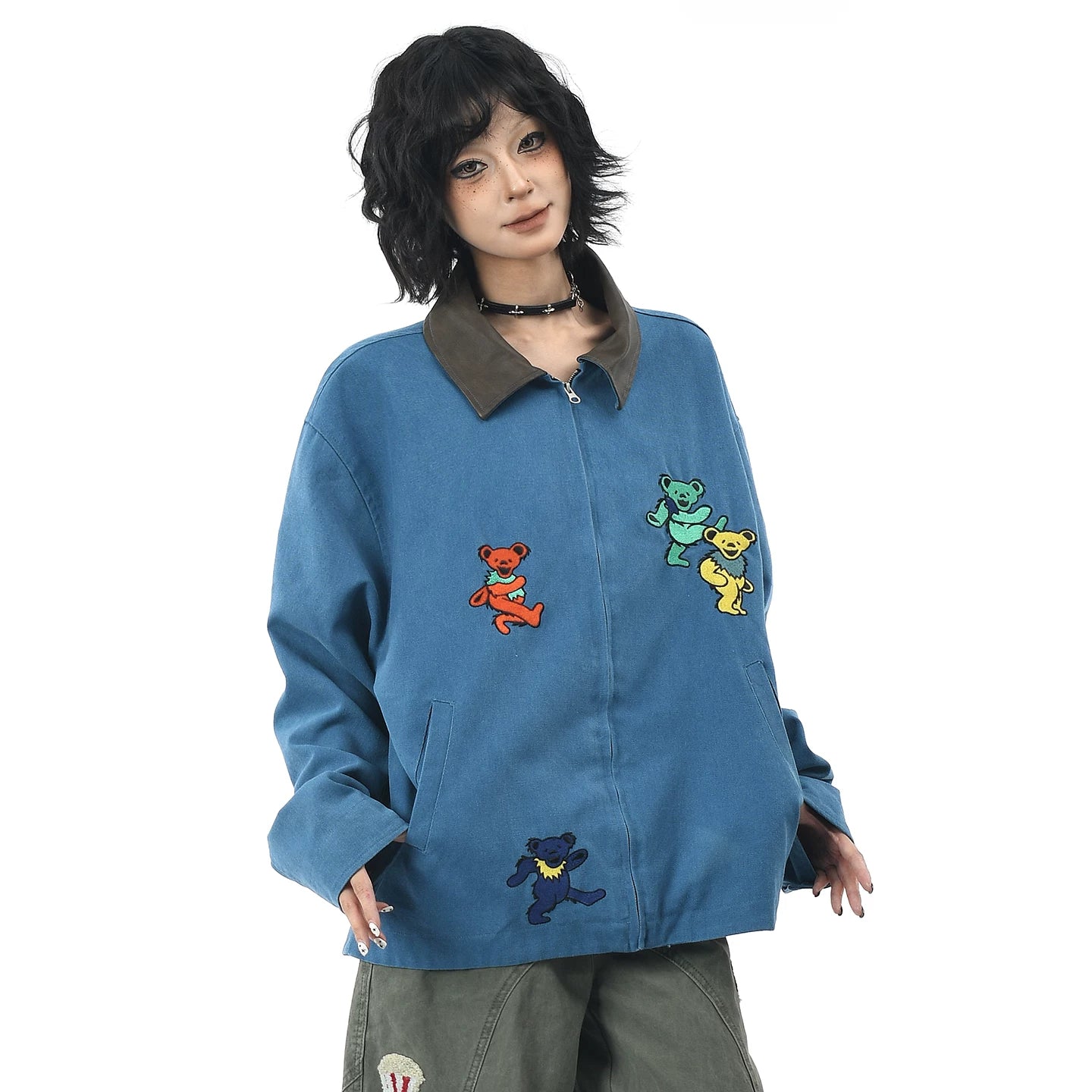 OV original American dance teddy bear embroidered washed workwear jacket for men and women, autumn loose casual lapel jacket trendy
