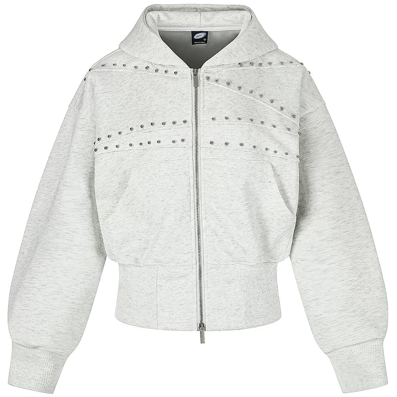 OV Original Retro Rivet Cut, Vintage, Back Waist Hoodie, Women's Autumn Loose Short Zipper cardigan Coat