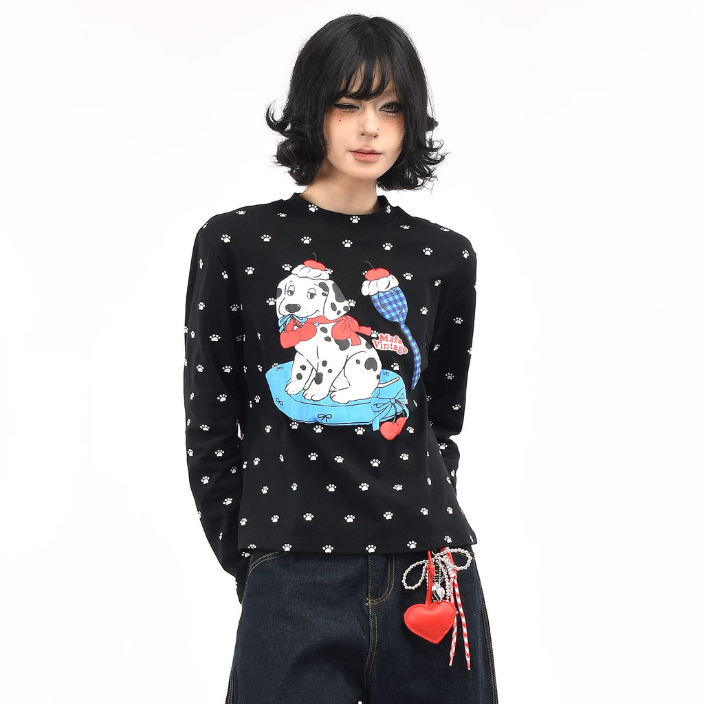 OV Original/American Fun Dog Foam Printed Long Sleeve T-shirt for Women Autumn Front Shoulder Short Casual Bottom Top