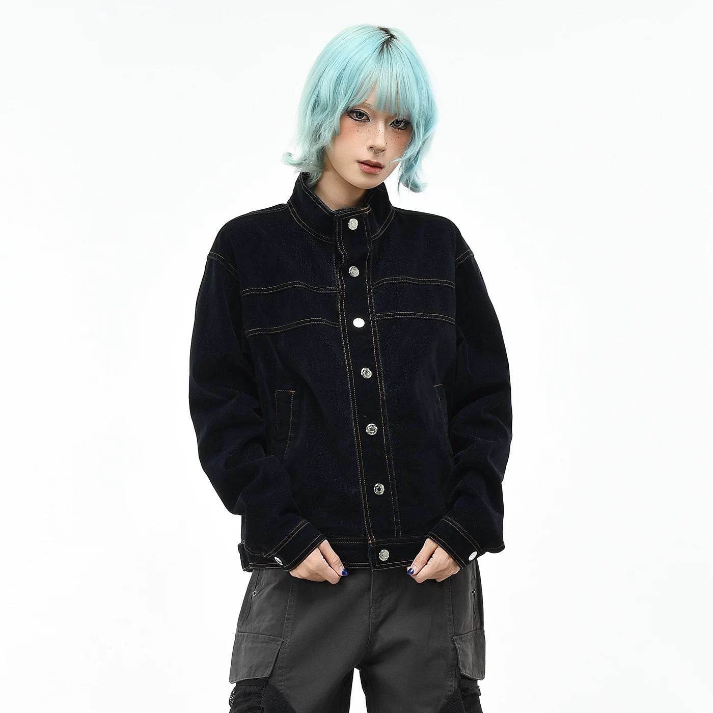 OV Original American Retro Suede Design Denim Jacket for Men and Women in Autumn, Loose Short, Clear Line Stand up Collar, Trendy