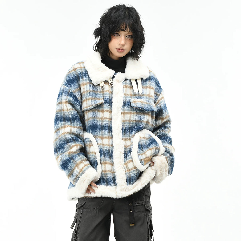 OV Original American Retro Checkered Lamb Fleece Collar Coat for Women in Winter, Loose and Warm, Cotton Jacket with Velvet, Cotton Jacket for Men