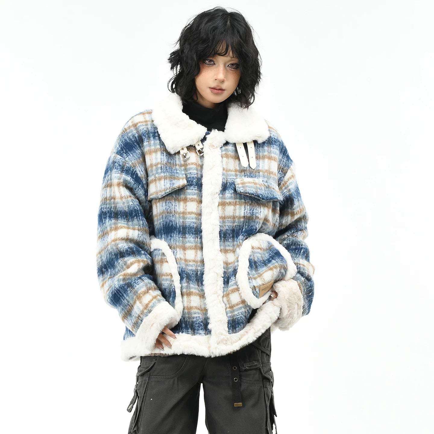 OV Original American Retro Checkered Lamb Fleece Collar Coat for Women in Winter, Loose and Warm, Cotton Jacket with Velvet, Cotton Jacket for Men