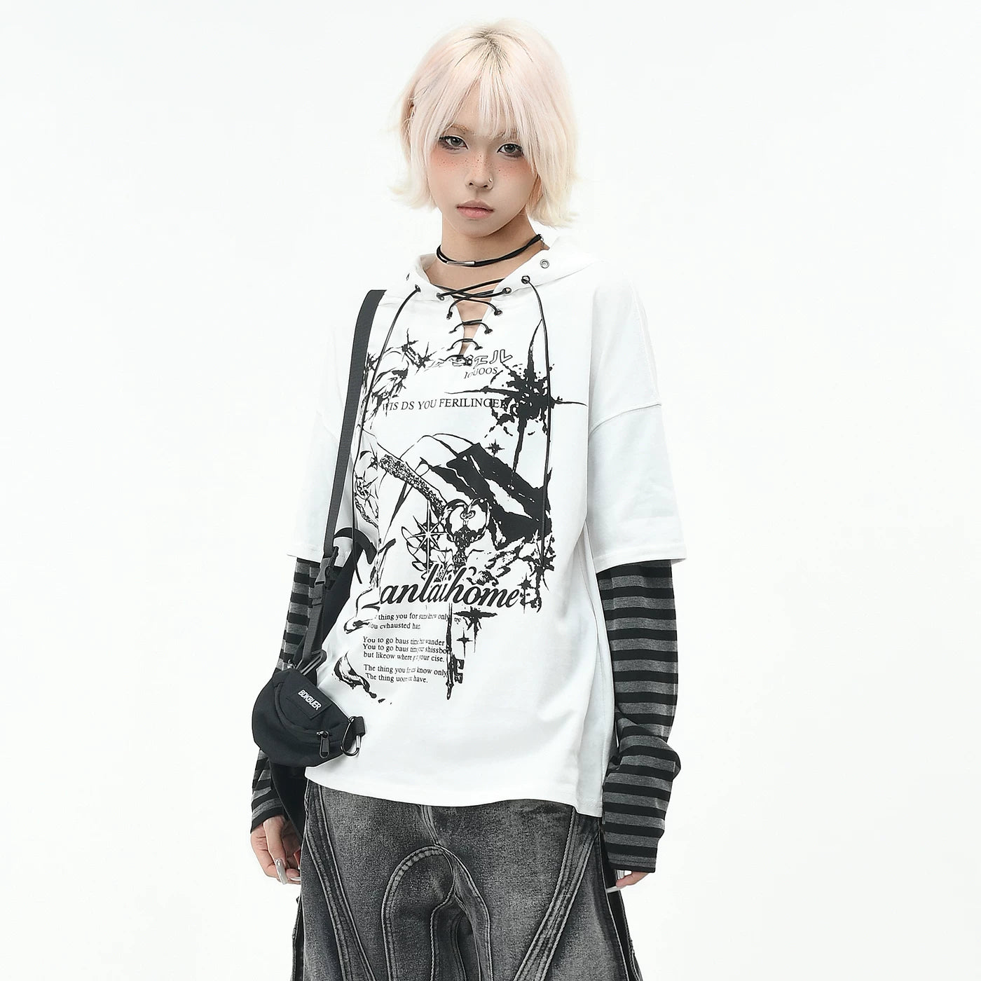 OV original high street Abi style strap V-neck long sleeved T-shirt for men and women autumn loose fitting fake two-piece spliced hooded top