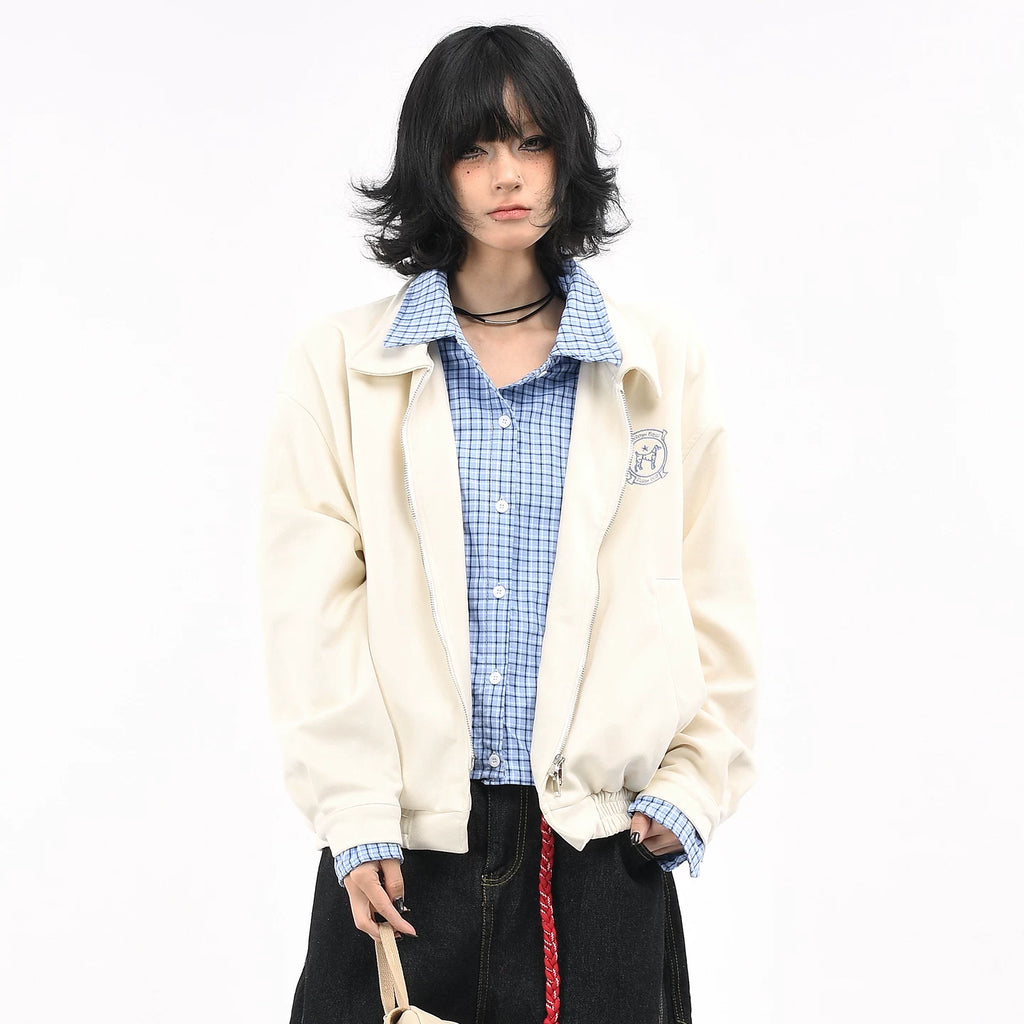 OV original American retro checkered fake two-piece spliced suede jacket for women's autumn loose casual jacket for men's fashion