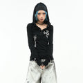 OV original/subculture Henry collar hooded long sleeved T-shirt for women's autumn slim fit short cross print top trend