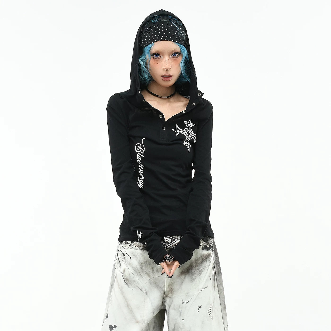 OV original/subculture Henry collar hooded long sleeved T-shirt for women's autumn slim fit short cross print top trend