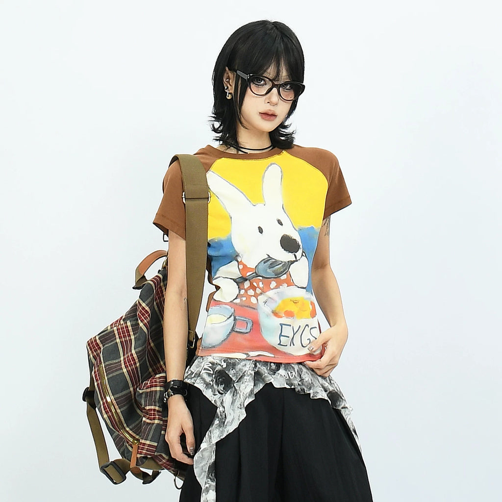 OV original American retro oil painting rabbit contrasting short sleeved T-shirt for women in summer, shoulder length short, short top ins