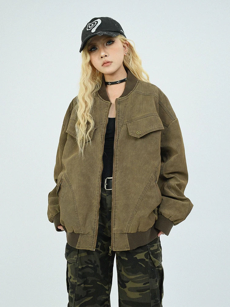 OV original autumn high street retro vintage workwear, baseball jacket, men's and women's American fashion brand loose standing collar jacket
