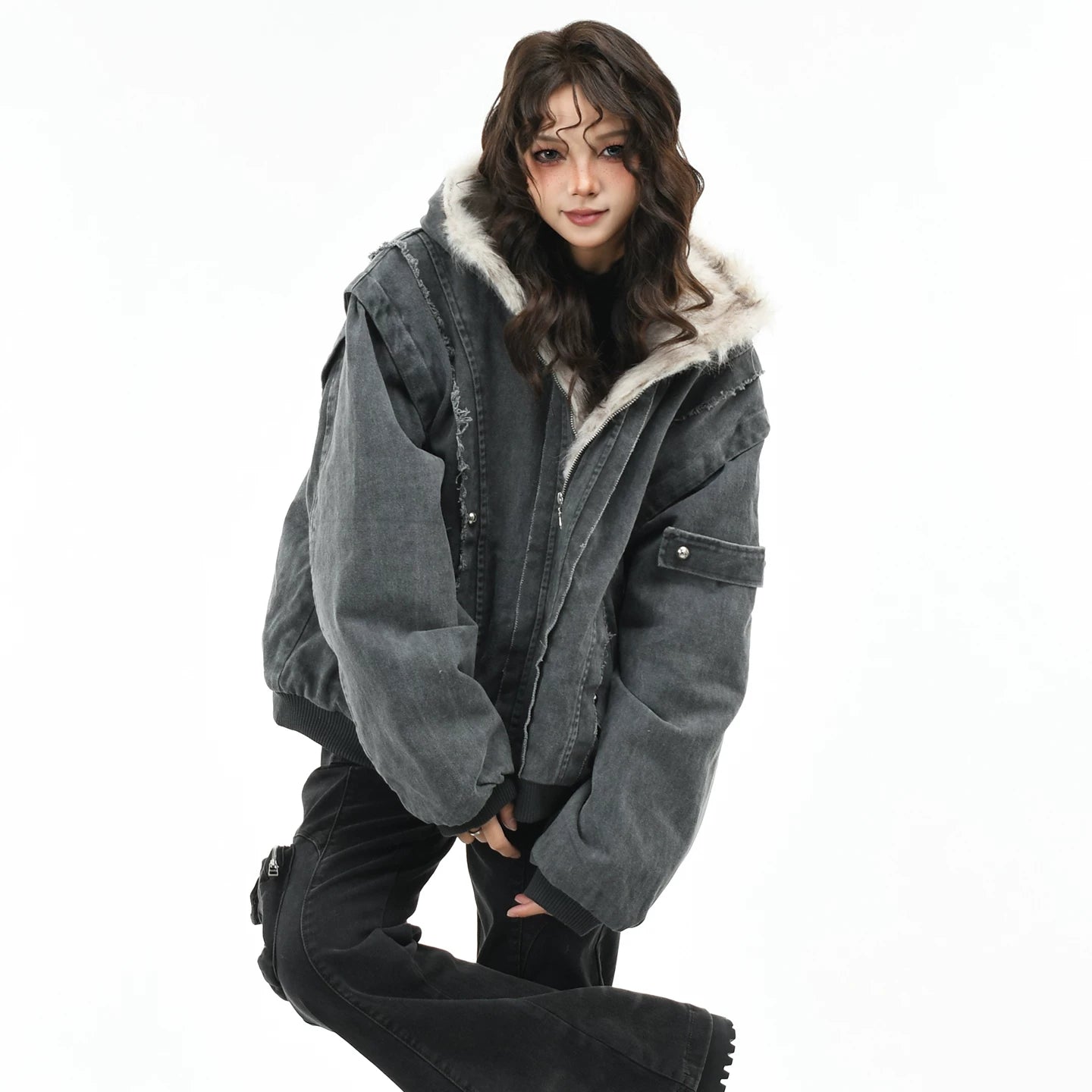 OV Original American Deconstructed Edge Splicing Used Cotton Jacket for Women Winter Seat Mountain Carving Loose Hooded Cotton Jacket for Men