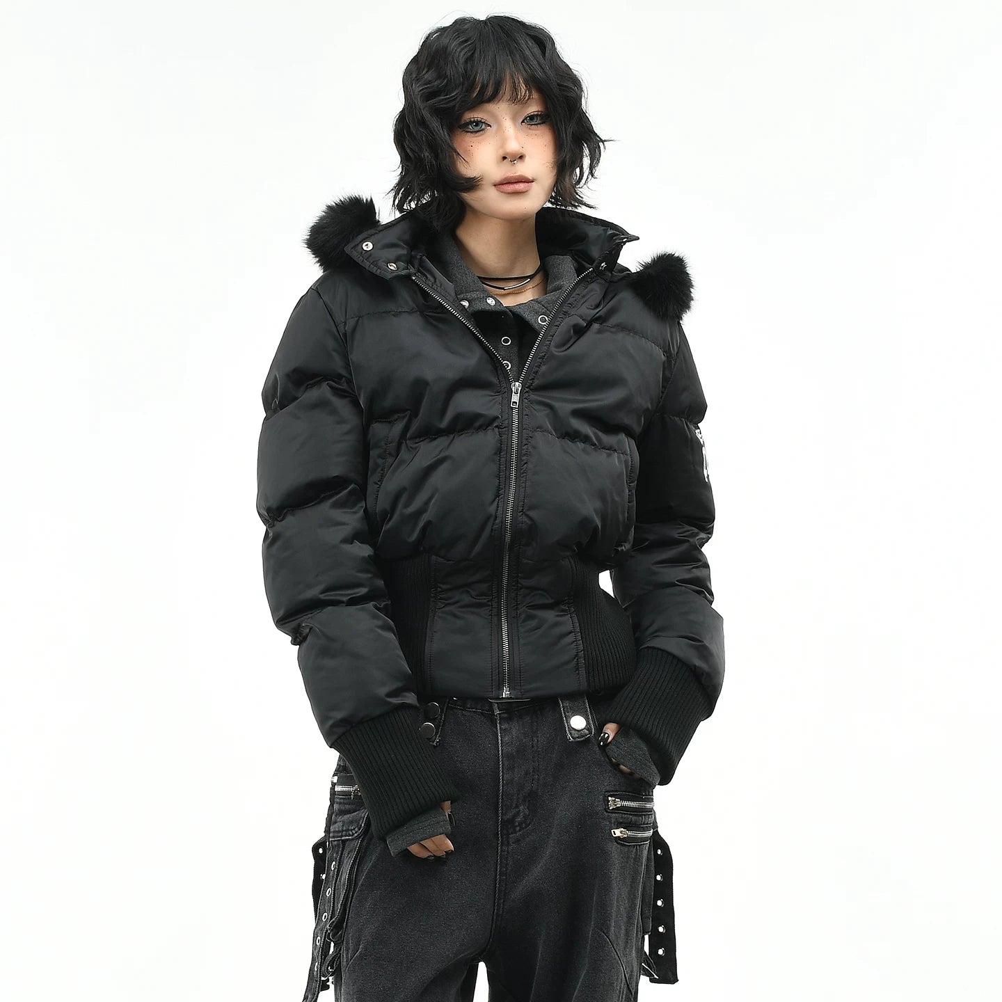 OV original American style fur collar, detachable hooded cotton jacket, women's winter short style, waist cinching, slimming, warm cotton jacket, trendy