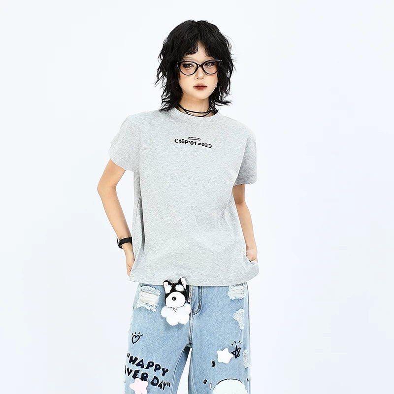OV Original Summer American Simple Small Letter Printed Shoulder Short T-shirt for Spicy Women, Cool and Slim Short Sleeve Ins