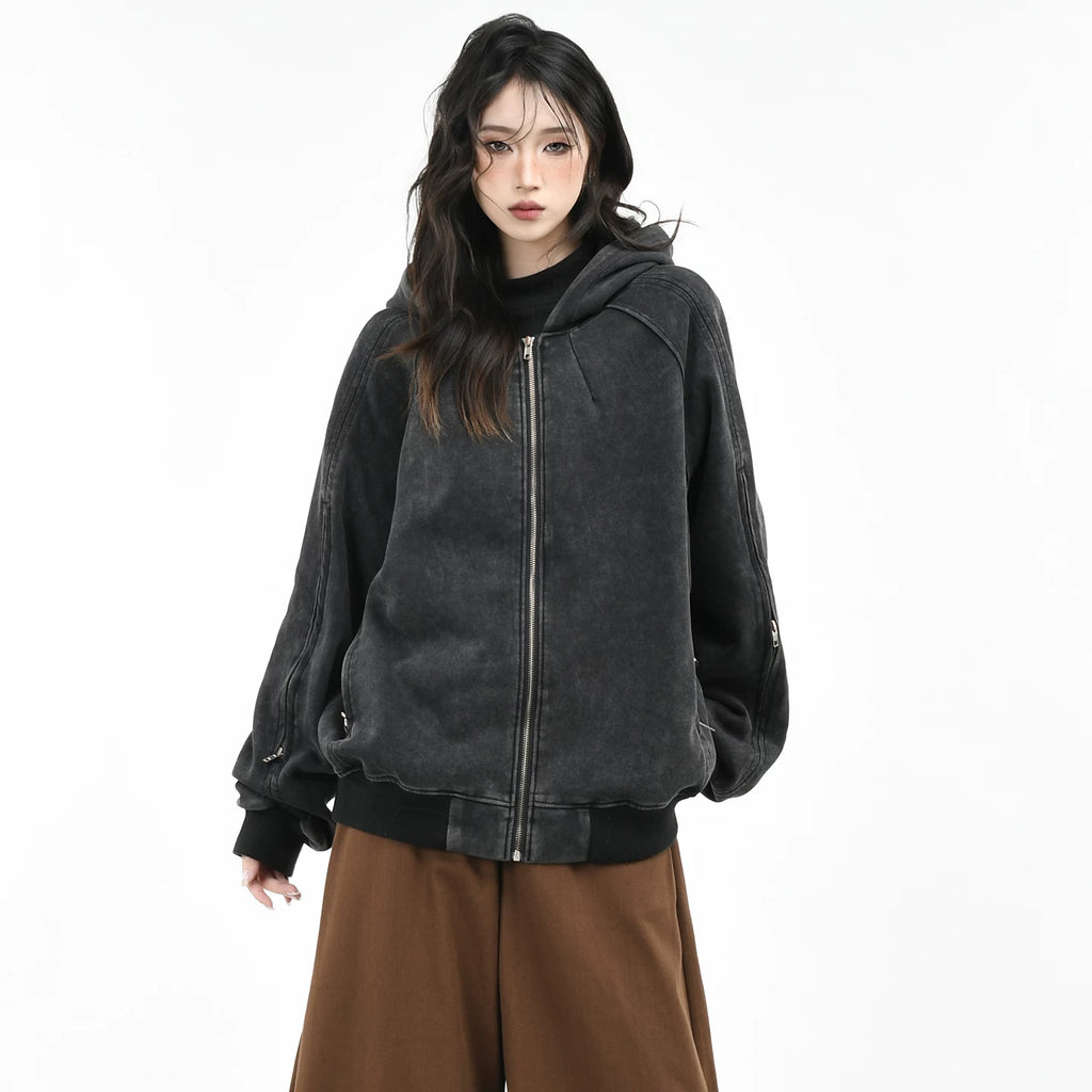 OV original American retro washed vintage hooded cardigan sweatshirt women's autumn silhouette loose casual jacket men's trend