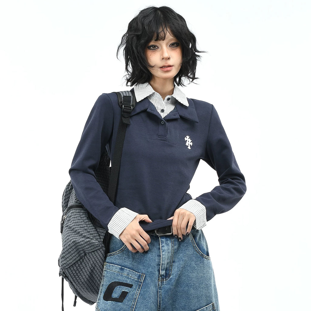 OV Original/American College Style Vacation Two POLO Collar Long Sleeve T-shirt for Women Autumn Short Shoulder Casual Top Trendy