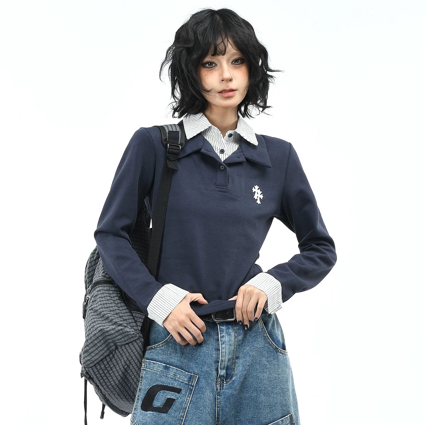 OV Original/American College Style Vacation Two POLO Collar Long Sleeve T-shirt for Women Autumn Short Shoulder Casual Top Trendy