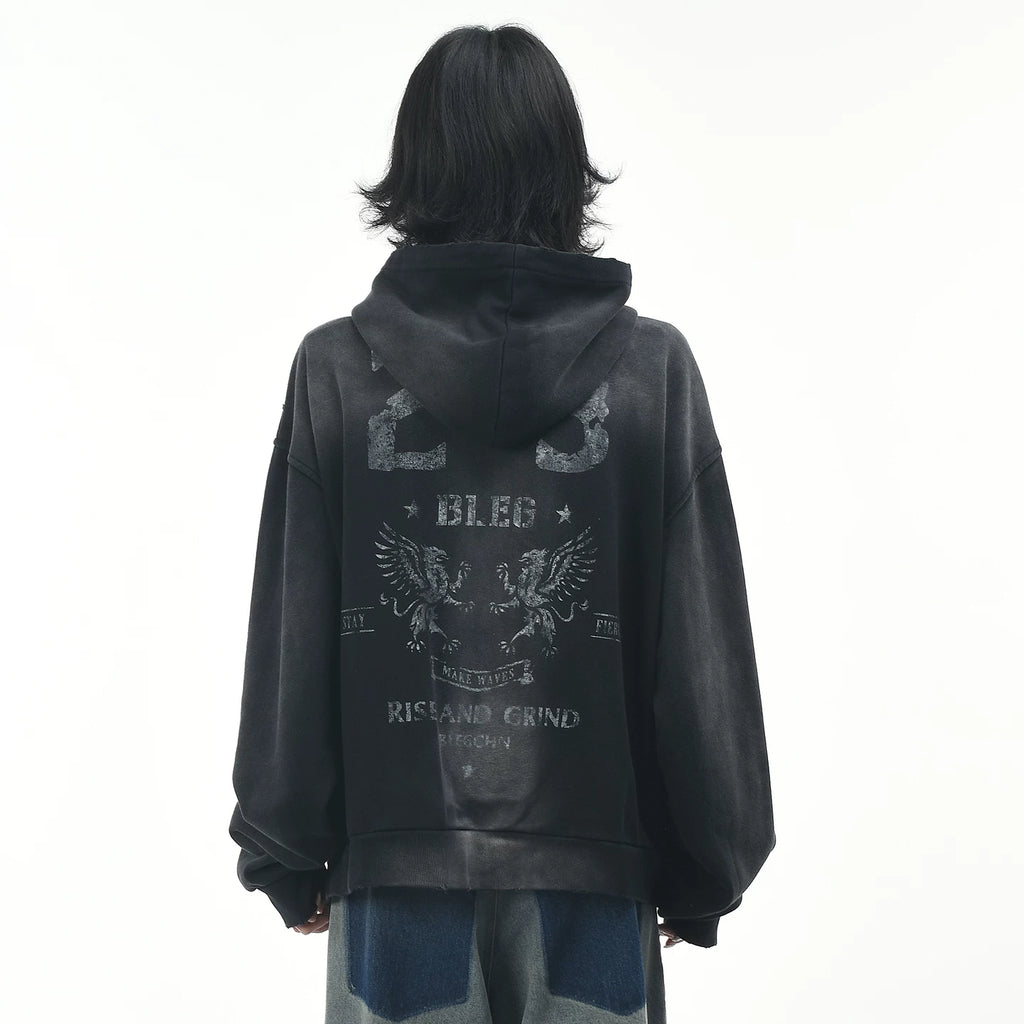 OV original American retro vintage washed zipper hooded sweatshirt women's autumn loose cardigan jacket men's boyfriend trendy brand