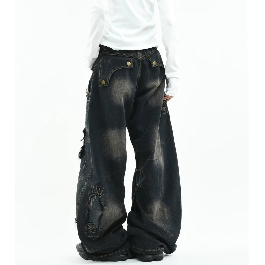 OV original American style random needle embroidery, vintage curved knife jeans, men's and women's destructive splicing, heavyweight loose wide leg pants