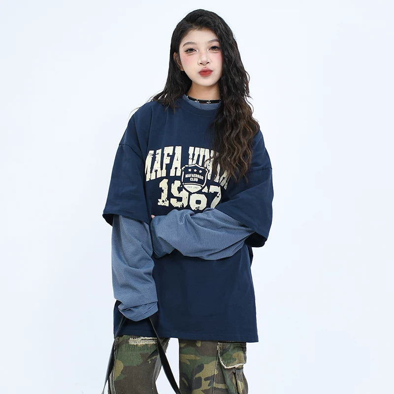 OV Original/Spring American Retro Fake Two Piece Splicing Small High Collar Long Sleeve T-shirt for Men and Women, Uniquely Loose Top Trendy