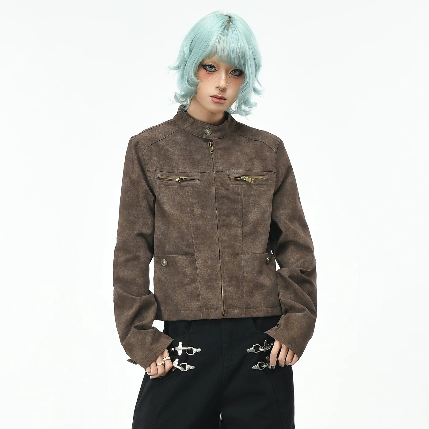 OV original American retro suede vintage stand up collar jacket for women's autumn slim fit short Harrington motorcycle jacket trend