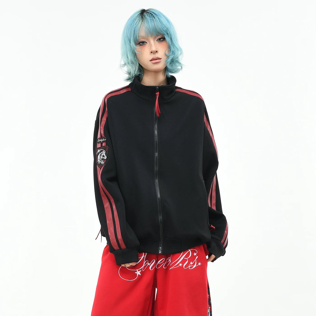 OV Original American Retro Sports Style Stand up Collar Zipper Jacket for Men and Women Autumn Loose Patchwork Embroidered Short Coat