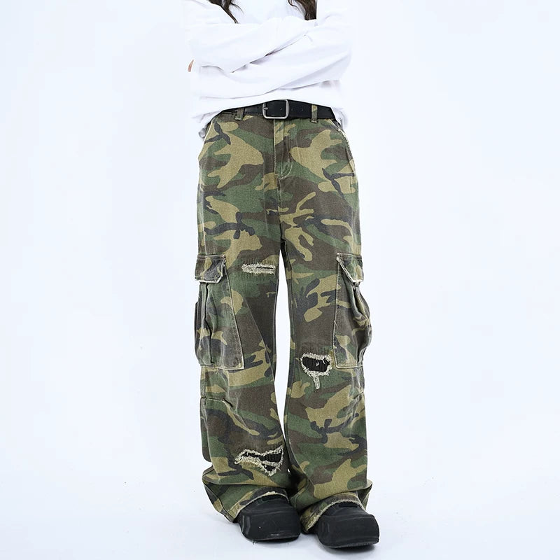 OV original American retro camouflage worn out design, vintage work pants for men and women, loose straight leg large pocket long pants