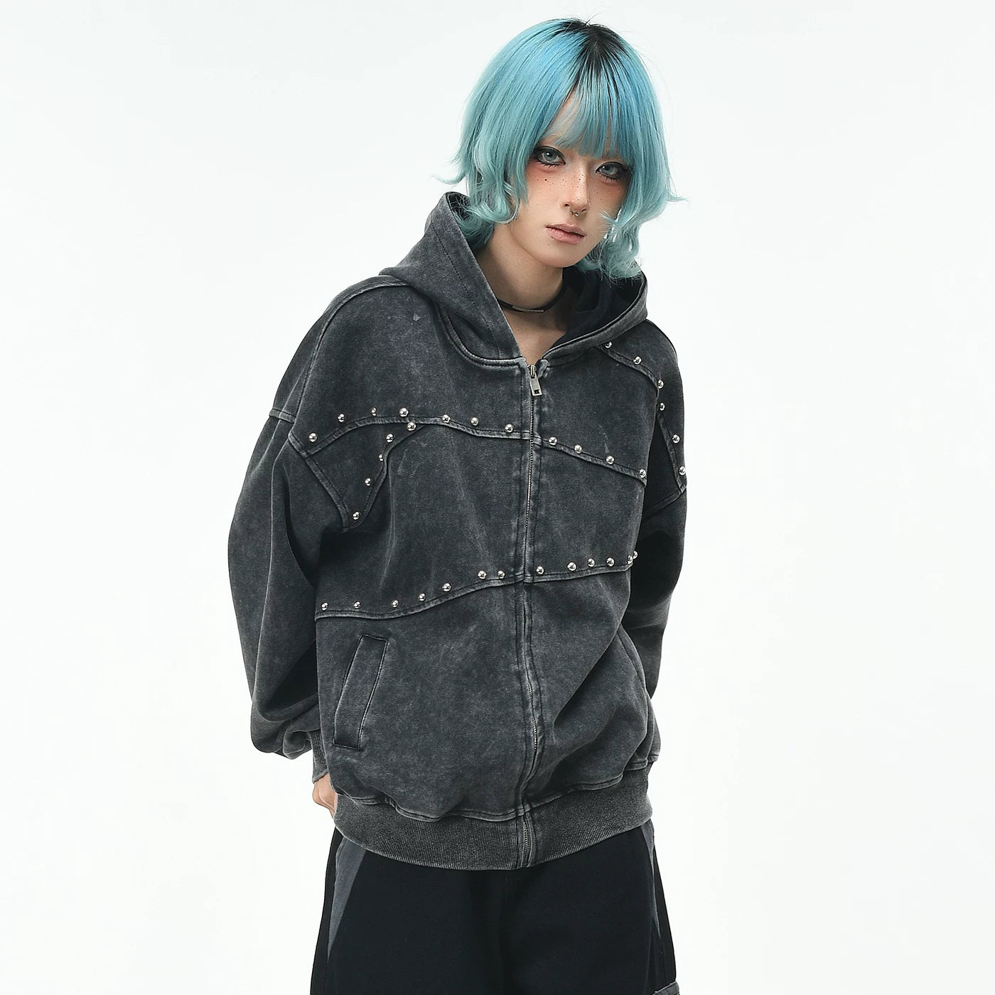 OV original retro deconstruction rivet making old washed hooded sweatshirt women's autumn loose zipper cardigan jacket men's trend
