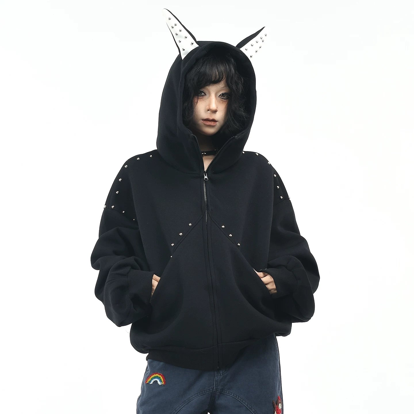 OV original American dog ear design hooded sweatshirt for men and women, autumn loose rivet splicing couple cardigan jacket