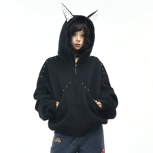 OV original American dog ear design hooded sweatshirt for men and women, autumn loose rivet splicing couple cardigan jacket