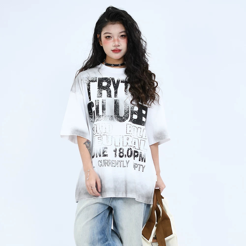 OV Original/Summer American Retro Letter Tie Dyeing for Old Wash Short Sleeve T-shirt for Men and Women Loose Half Sleeve Top Trendy