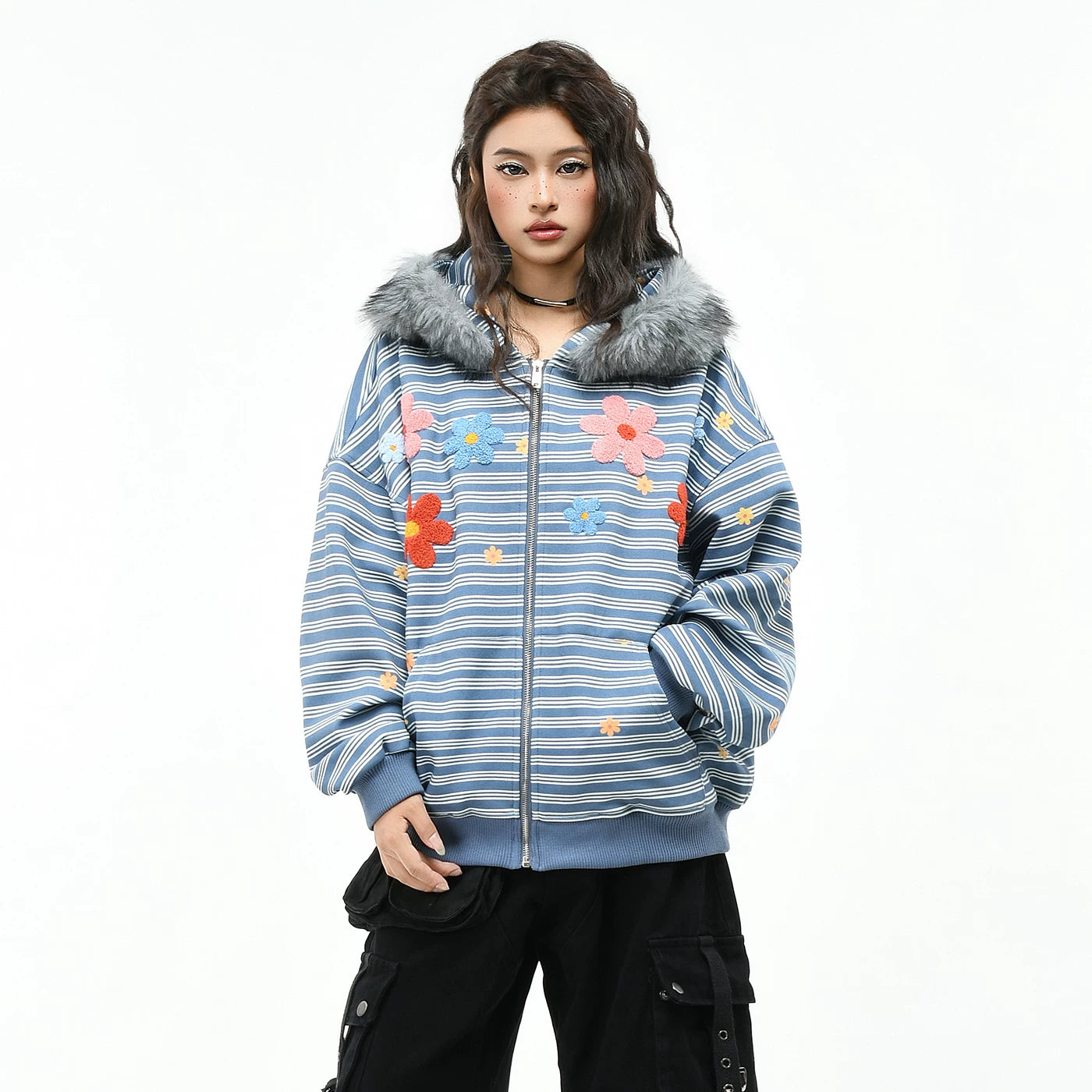 OV original Korean striped flower plush embroidery hooded sweatshirt for men and women in autumn loose fur collar cardigan jacket trend