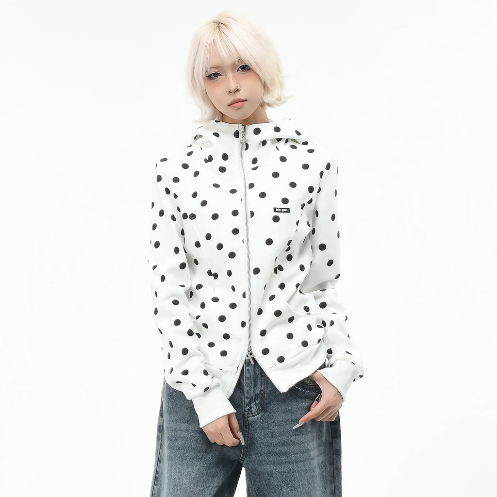 OV original Korean style polka dot print short hooded sweatshirt for women in autumn, college style, slim fit zipper cardigan jacket, trendy