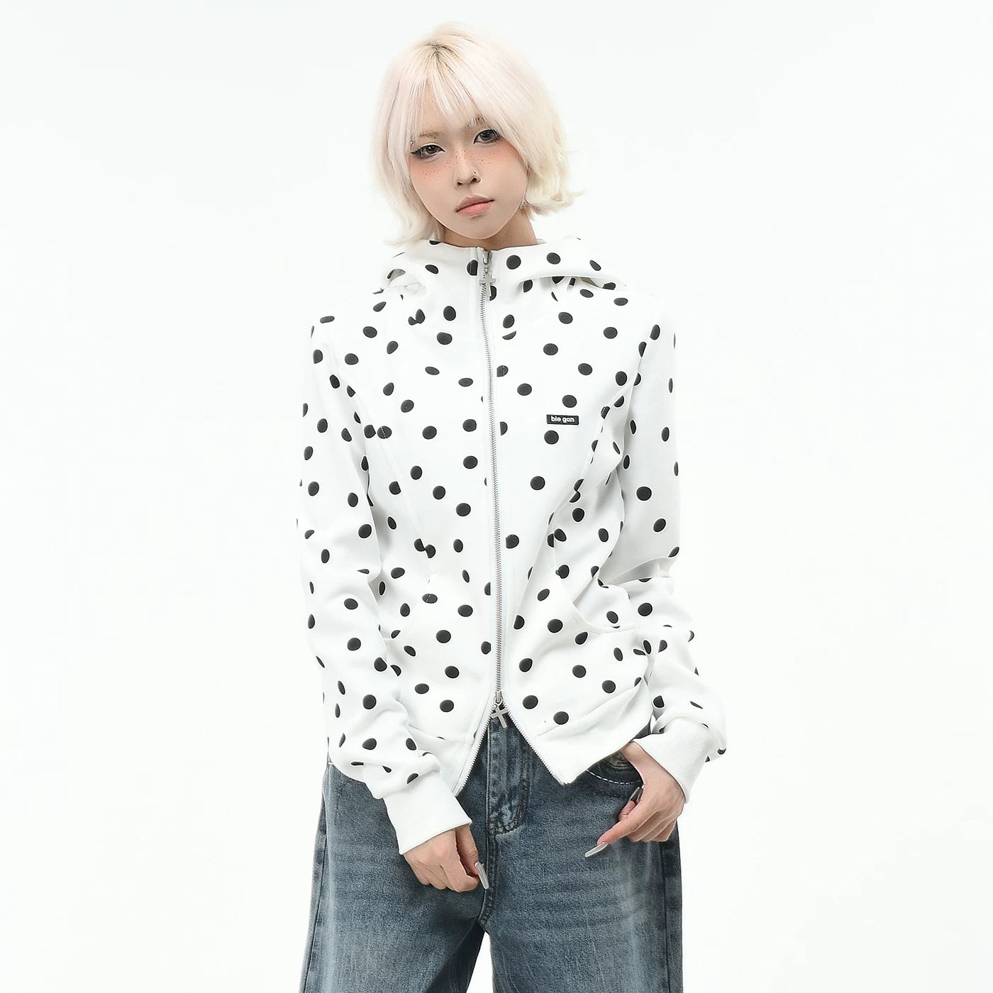 OV original Korean style polka dot print short hooded sweatshirt for women in autumn, college style, slim fit zipper cardigan jacket, trendy