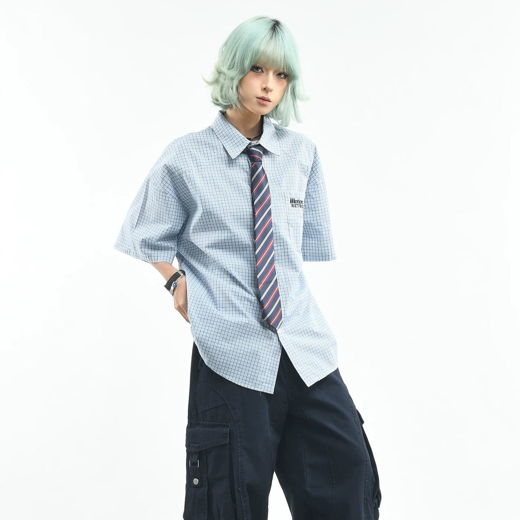 OV original college style contrasting color tie, Thousand Bird plaid shirt, women's summer short sleeved loose couple versatile top, men's