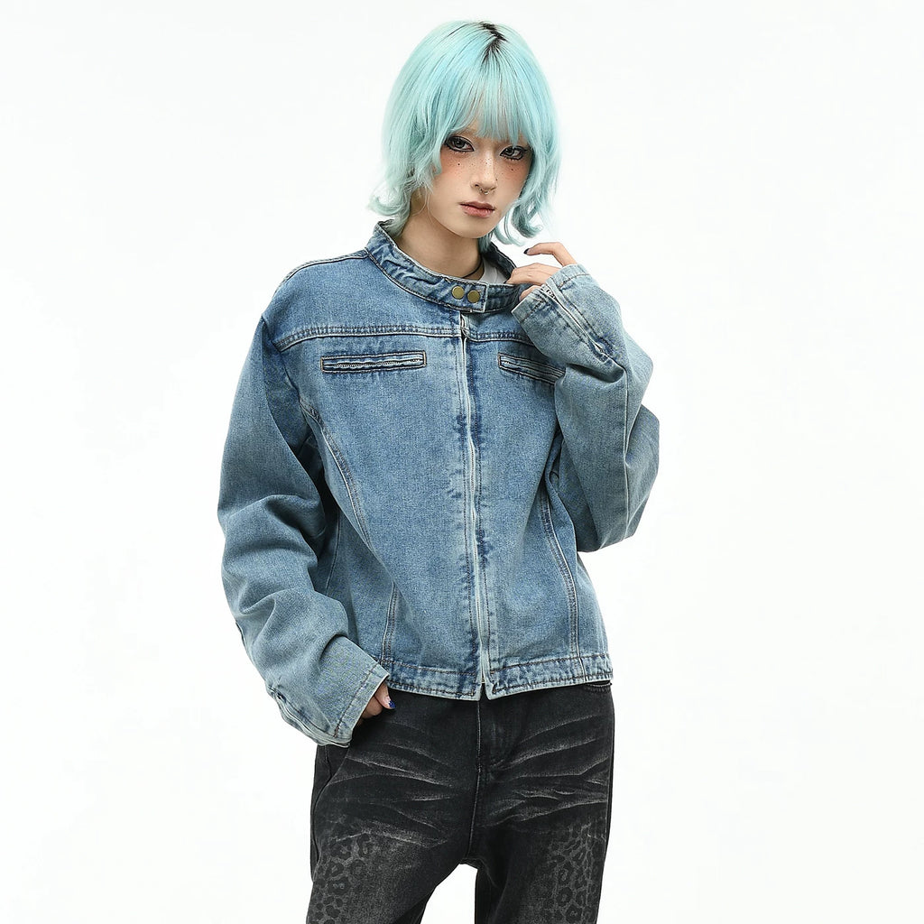 OV original American high street vintage washed denim jacket for women's autumn deconstruction cutting short style slimming stand up collar jacket